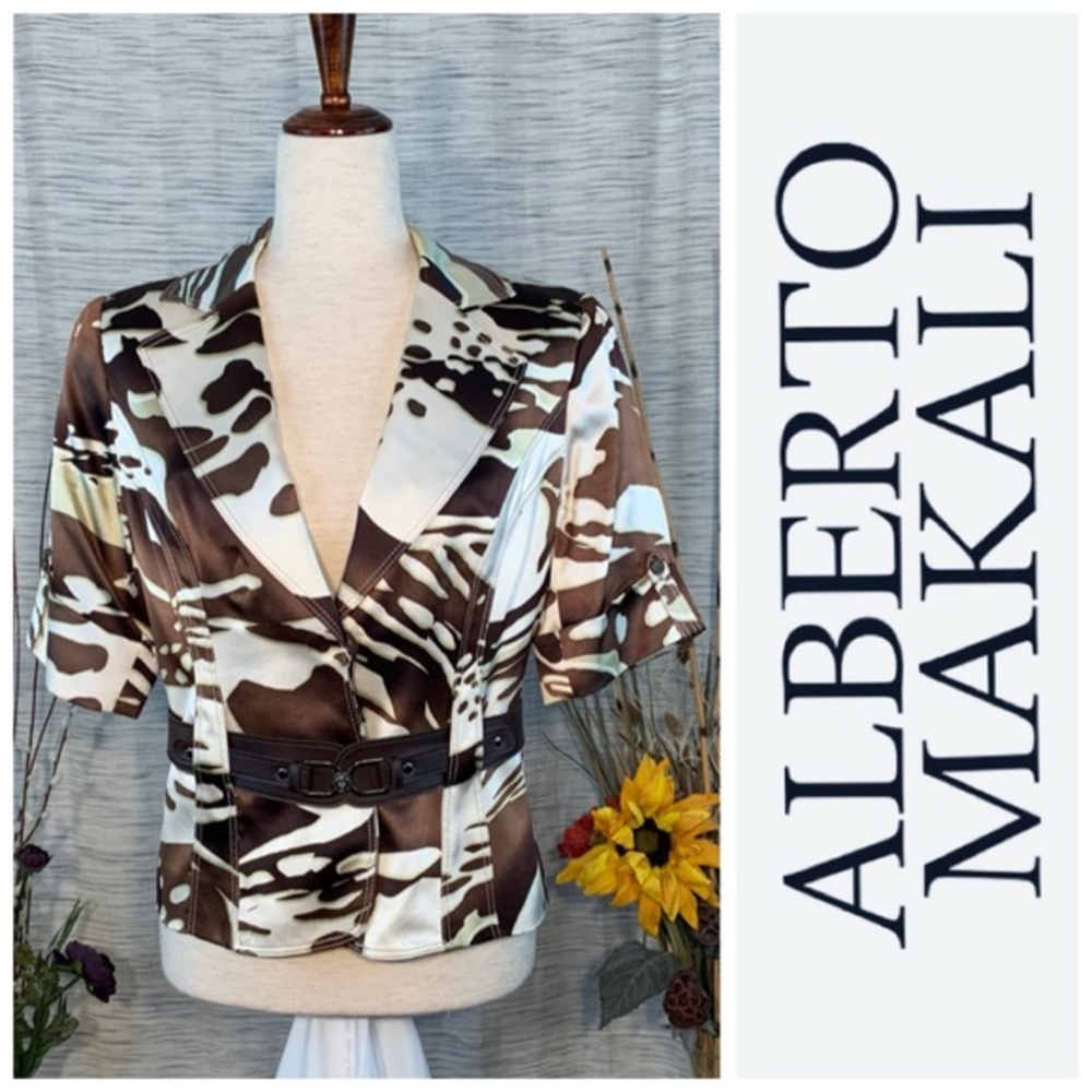 Alberto Makali white and brown “cow hide” print silk jacket.